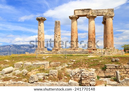 Ancient temple of Apollo on top of a hill, Corinth, Greece