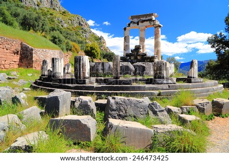 Monumental ruins of an ancient temple dedicated to goddess Athena, Delphi, Greece