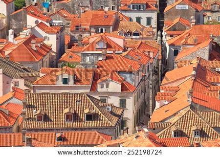 Overview to the old buildings roof tops in the old town of Dubrovnik, Croatia