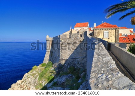 Fortified walls above the Adriatic sea protect the old town of Dubrovnik, Croatia