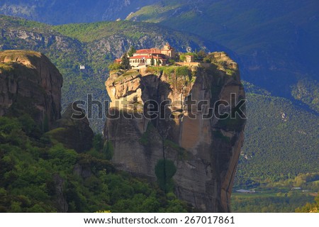 Buildings of the Holy Trinity monastery high above the lower valley, Meteora, Greece