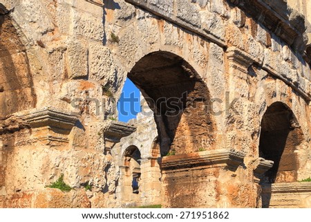 Detail of the stone arches of the ancient Roman amphitheater, Pula, Croatia