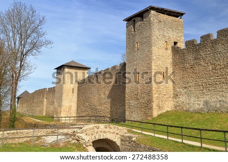 Medieval walls of an old fortress above the old town of Salzburg, Austria