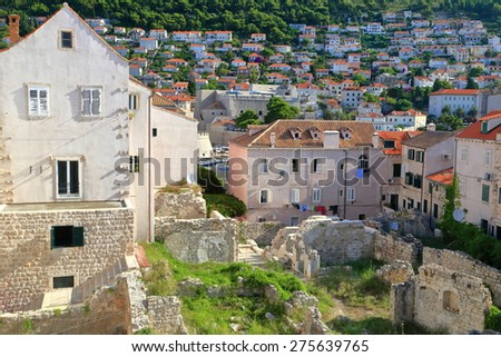 Large building with Venetian architecture inside old town of Dubrovnik, Croatia