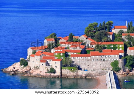 Traditional stone houses inside old village converted into modern resort near the Adriatic sea, Montenegro