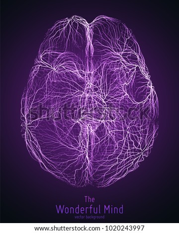 Vector violet illustration of 3d brain top with synapses and glowing neurons. Conceptual image of idea birth or artificial intelligence. Net of shiny lines forms brain structure. Futuristic mind scan.