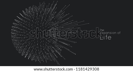 Expansion of life. Vector sphere explosion background. Small particles strive out of center. Blurred debrises into rays or lines under high speed of motion. Burst, explosion backdrop