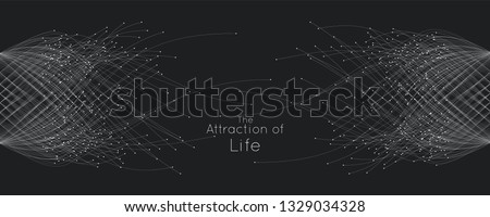 Attraction of life. Vector connecting particle tails. Small particles strive to each other. Blurred debrises into rays or lines under high speed of motion. Burst, explosion backdrop