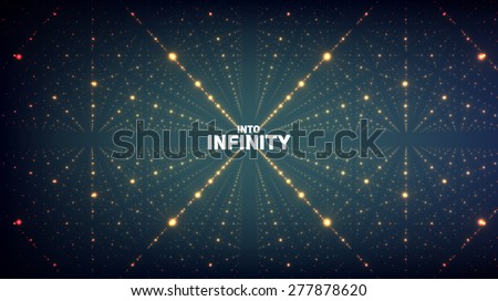 Abstract vector background. Matrix of glowing stars with illusion of depth and perspective. Abstract futuristic space background