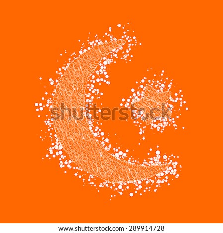 Crescent moon and star constructed of white particles on orange background. Ramadan Kareem. Shiny decorative moon and star.