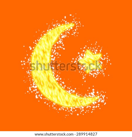 Crescent moon and star constructed of yellow glowing particles on orange background. Ramadan Kareem. Shiny decorative moon and star.