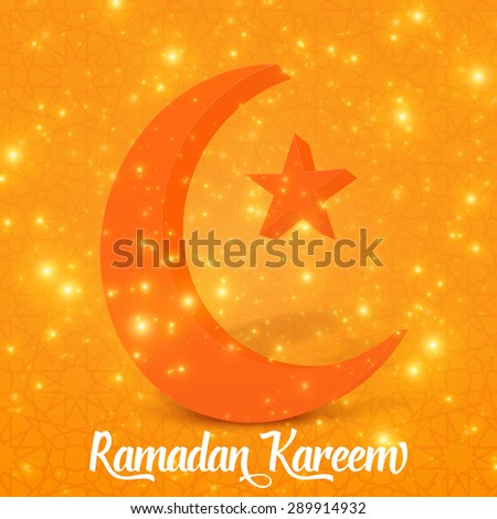 Volumetric crescent moon and star with shining particles on orange background. Ramadan Kareem. Shiny decorative moon and star.