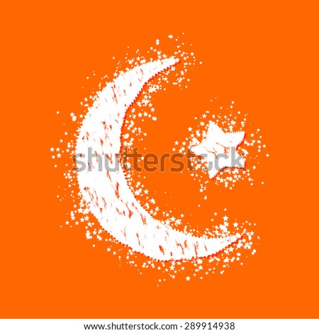 Crescent moon and star constructed of white particles on orange background. Ramadan Kareem. Shiny decorative moon and star.