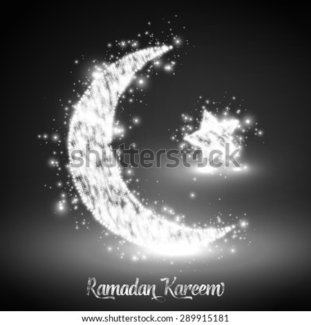 Crescent moon and star constructed of white glowing particles on monochrome background. Ramadan Kareem. Shiny decorative moon and star.