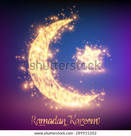 Crescent moon and star constructed of orange glowing particles on colorful background. Ramadan Kareem. Shiny decorative moon and star.