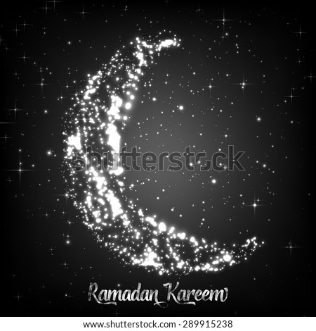 Crescent moon and star constructed of white glowing particles on monochrome background. Ramadan Kareem. Shiny decorative moon.