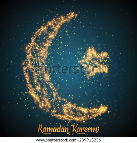 Crescent moon and star constructed of orange glowing particles on dark blue background. Ramadan Kareem. Shiny decorative moon and star.