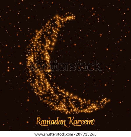 Crescent moon and star constructed of orange glowing particles on dark background. Ramadan Kareem. Shiny decorative moon.