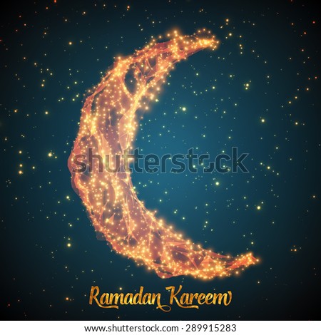 Crescent moon and star constructed of orange glowing particles on dark blue background. Ramadan Kareem. Shiny decorative moon.