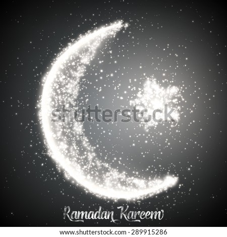 Crescent moon and star constructed of white glowing particles on monochrome background. Ramadan Kareem. Shiny decorative moon and star.