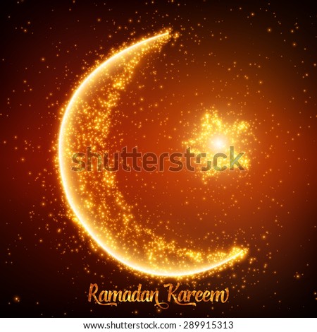 Crescent moon and star constructed of orange glowing particles on red background. Ramadan Kareem. Shiny decorative moon and star.