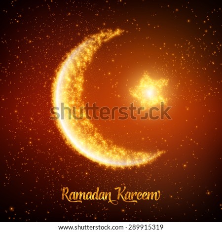 Crescent moon and star constructed of orange glowing particles on red background. Ramadan Kareem. Shiny decorative moon and star.