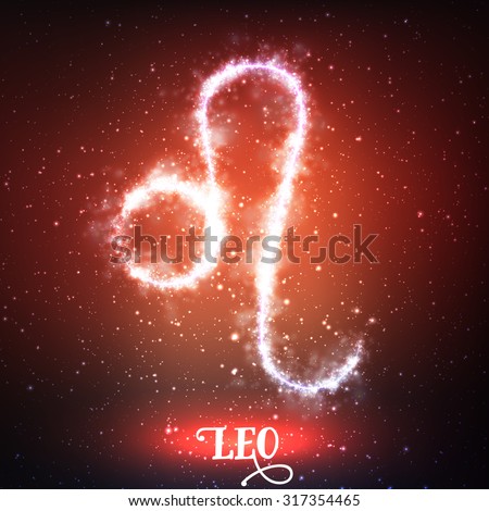 Vector abstract zodiac sign Leo on a dark red background of the space with shining stars. Nebula in form of zodiac sign Leo. Abstract glowing zodiac sign Leo, The Lion (greek:Le?n) Foto stock © 