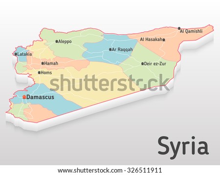 Syria map 3d with main cities and governorates. Volumetric map with cities and roads. 