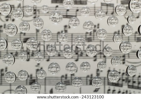 musical notation in drops of water on a background of blurred image of notes