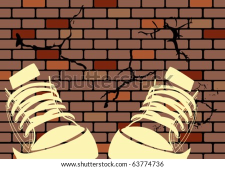 Grunge illustration of a weathered wall and sneakers