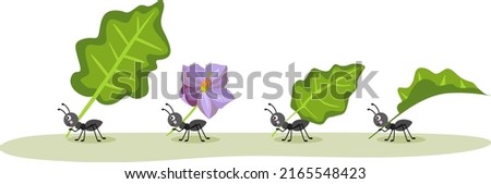 Cute ants carrying a green leaves and purple flower
