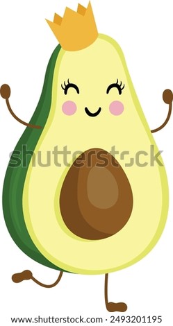 Happy avocado character mascot with gold crown
