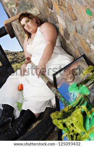 A plus size bride trashes her wedding dress with green paint