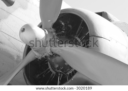 Close up of a  propeller on an old military airforce airplane. Black and White