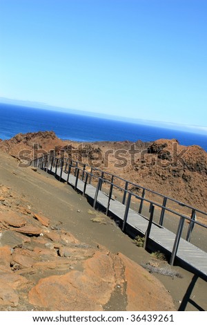 A boardwalk leads the way to a vista on the Galapagos Islands