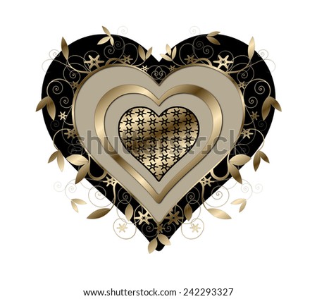 Gold and Black Floral Swirls Heart