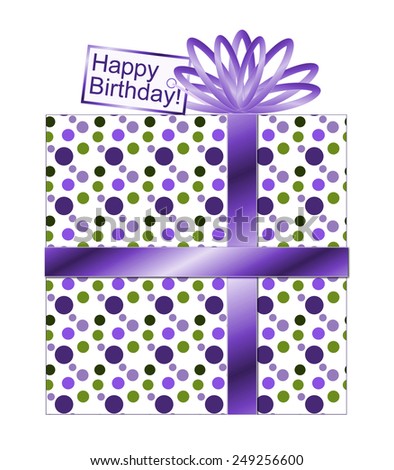Beautiful gift with purple and green polka dots and purple ribbon and bow. Has tag on top that says, \