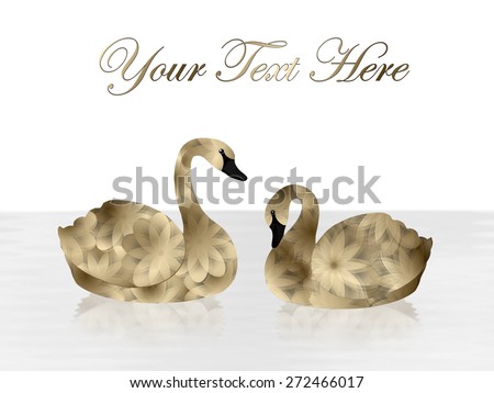 Gold and Black Swans on White Background-Pair of beautiful gold and black flower swans facing each other as they float on a white lake of water. Room for text across top of image. White background.