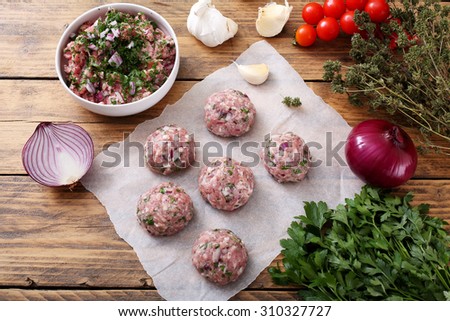 top view prepared uncooked meat balls rustic background