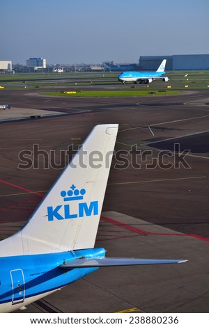 SCHIPHOL, NETHERLANDS - Nobember 21, 2014: KLM or Royal Dutch Airlines in English is the flag carrier airline of the Netherlands.