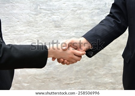 Close-up image of a firm handshake withe man and women