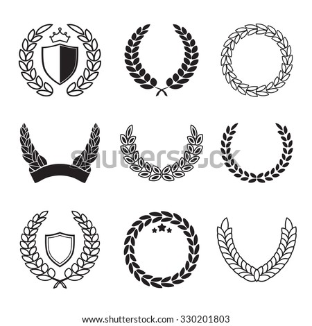 Silhouette laurel wreaths in different  shapes - half circle, circle with shields, crowns and stars