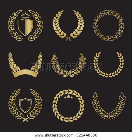 Silhouette laurel wreaths in different shapes - half circle, circle with shields, crowns and stars in gold color