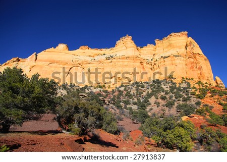 View of red rock formations in San Rafael Swell with blue sky?s