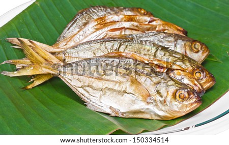 Grilled fish on banana leaf, food of the native people of Asia.