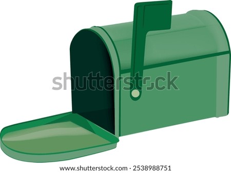 Empty open green mailbox with raised flag on white background