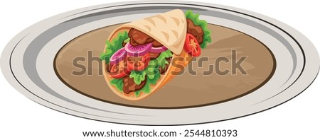 Piadina filled with meat, salad and tomatoes, served on an elegant oval serving dish