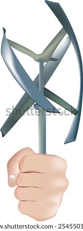 Hand gripping small vertical axis wind turbine promoting renewable energy and eco friendly solutions