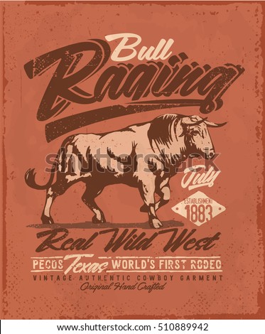 rodeo, raging bull, rodeo western, Quality hand made tee Print graphic.