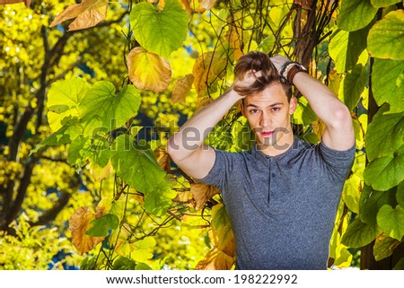 Puzzling Man holding hair. Wearing a gray long sleeves with roll-tab Henley shirt, a young handsome guy is standing by golden big leaves, holding his hair, puzzlingly looking at you.